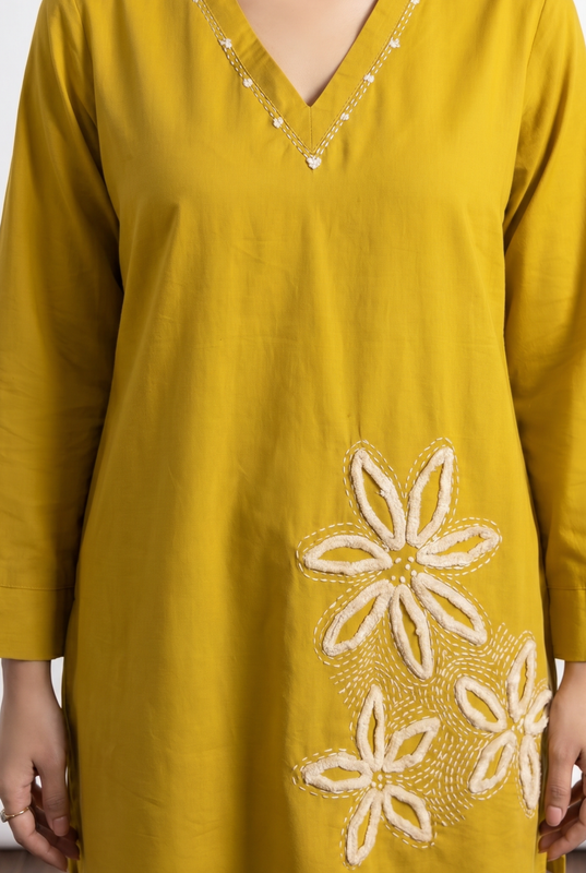 Mustard Floral Embroidery V-Neck Cotton Flex Co-ord Set