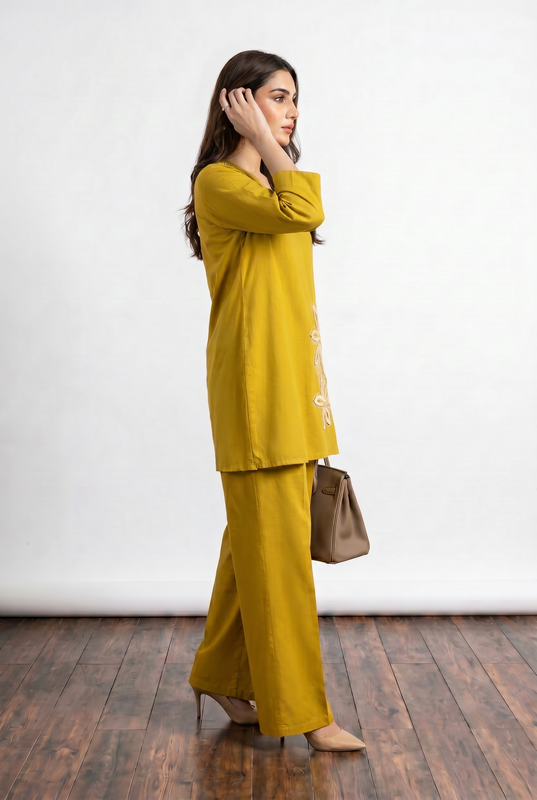 Mustard Floral Embroidery V-Neck Cotton Flex Co-ord Set