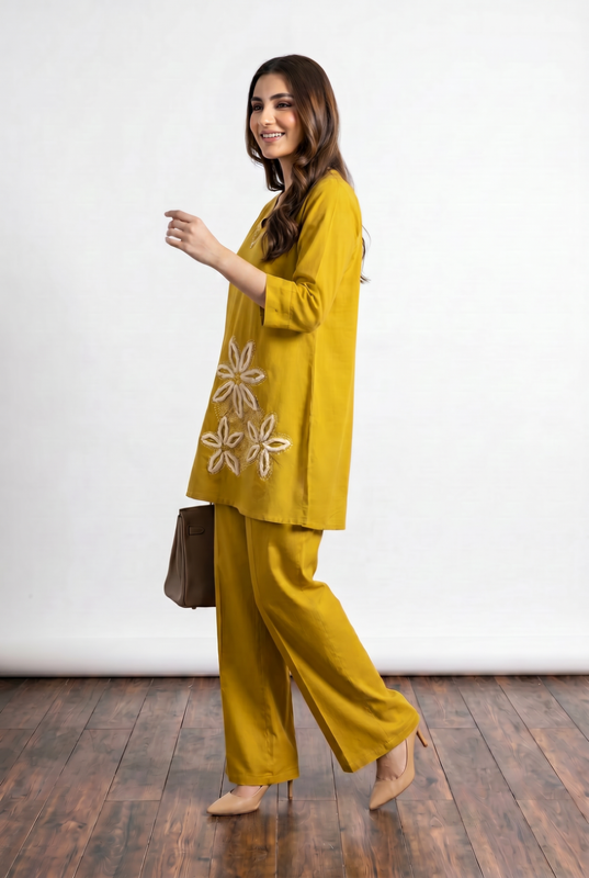 Mustard Floral Embroidery V-Neck Cotton Flex Co-ord Set