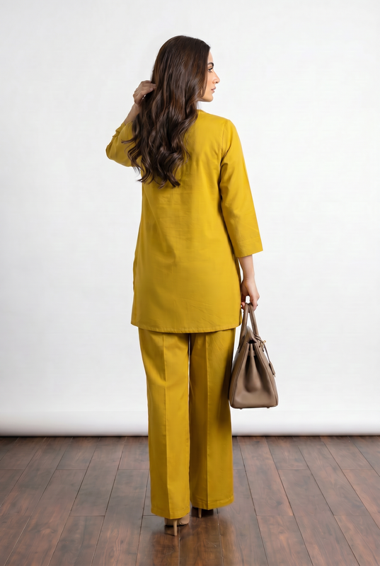 Mustard Floral Embroidery V-Neck Cotton Flex Co-ord Set