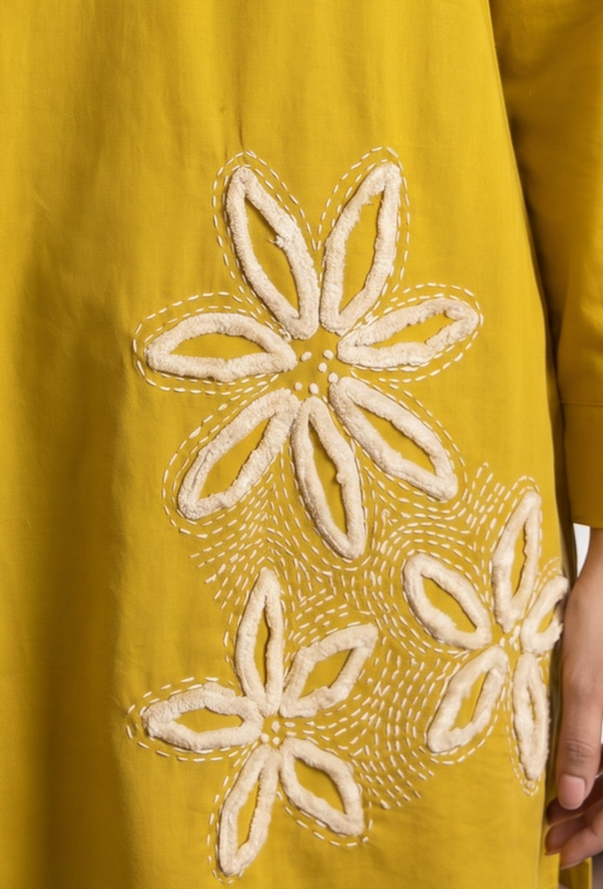 Mustard Floral Embroidery V-Neck Cotton Flex Co-ord Set