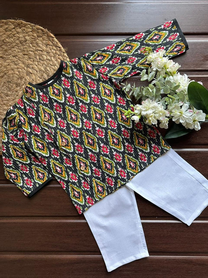 Mutli Ikkat Off Centre Kurta Set -Black
