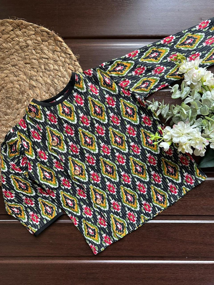 Mutli Ikkat Off Centre Kurta Set -Black