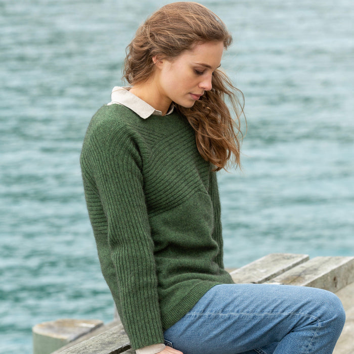 Woman wearing Noble Wilde - Merino & Possum Crossover Sweater (NW3108) in the colour Jungle