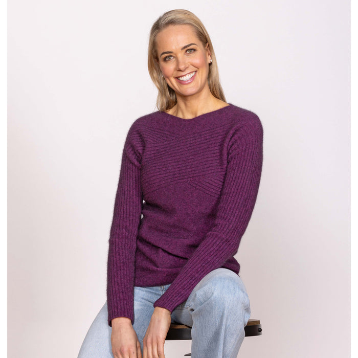 Woman wearing Noble Wilde - Merino & Possum Crossover Sweater (NW3108) in the colour Twilight