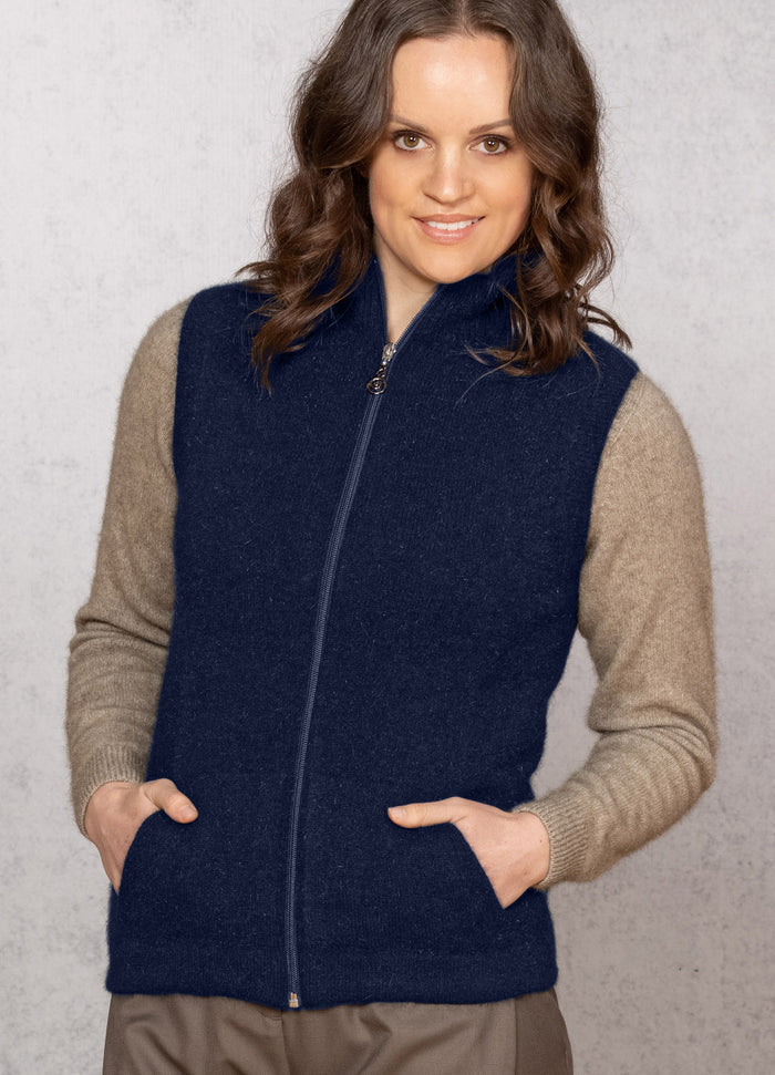 Woman wearing Noble Wilde - Merino & Possum Gilet Zip Vest (NW3101) in the colour Maritime.