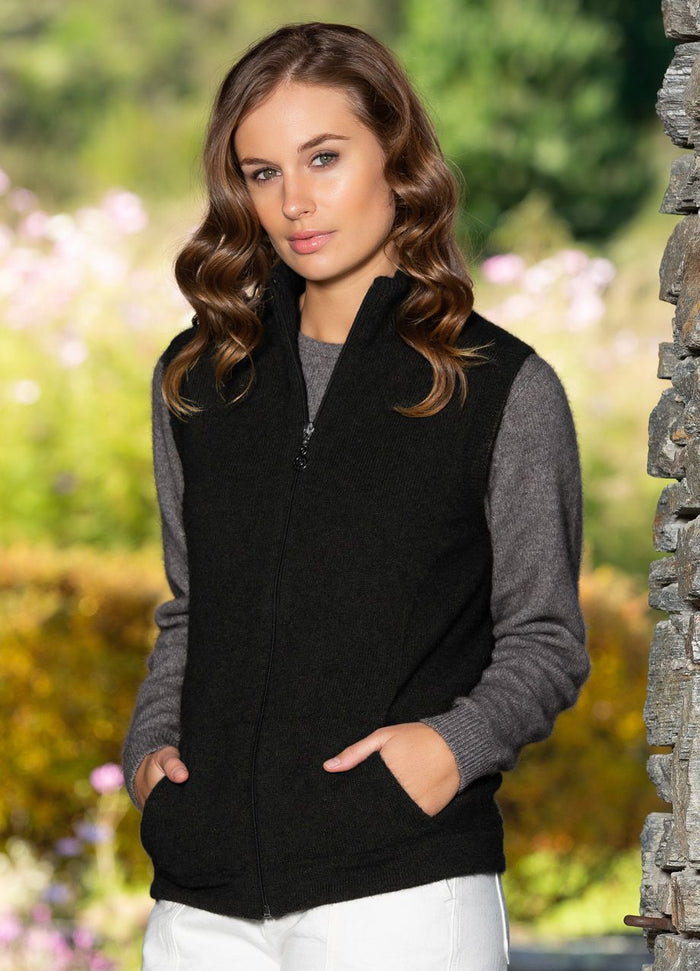 Woman wearing Noble Wilde - Merino & Possum Gilet Zip Vest (NW3101) in the colour Black.