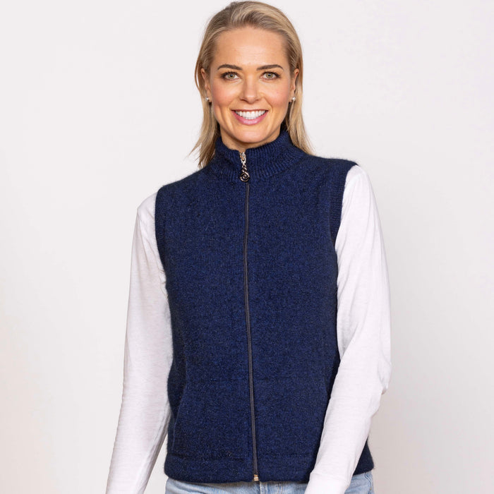 Woman wearing Noble Wilde - Merino & Possum Gilet Zip Vest (NW3101) in the colour Maritime.