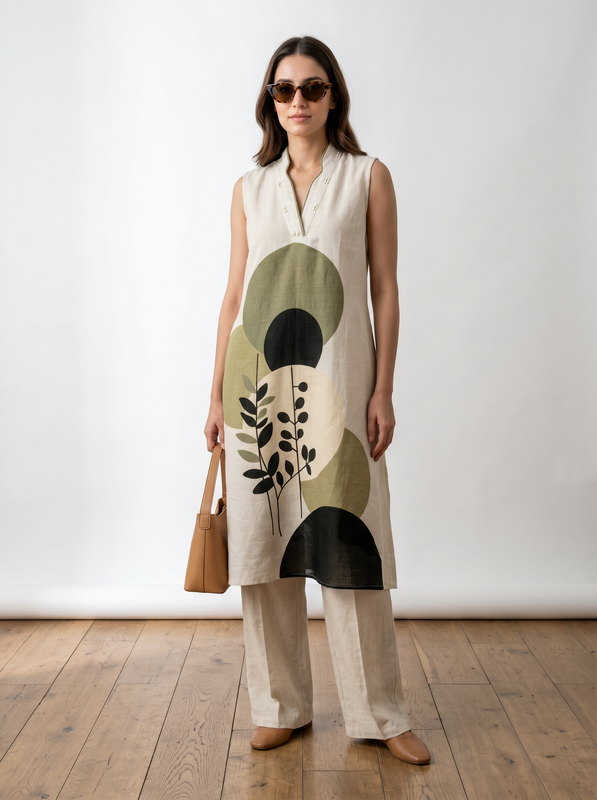 Off White Abstract Botanical Printed Top & Palazzo Cotton Flex Co-ord Set