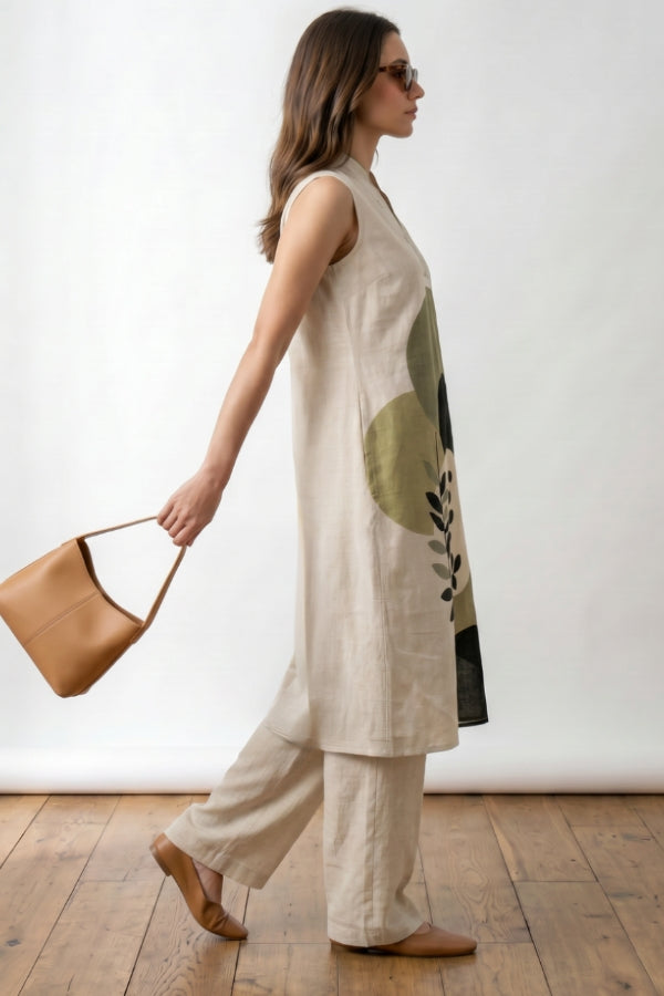 Off White Abstract Botanical Printed Top & Palazzo Cotton Flex Co-ord Set