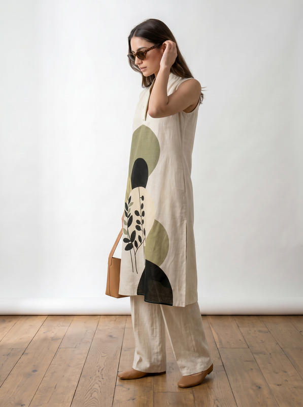 Off White Abstract Botanical Printed Top & Palazzo Cotton Flex Co-ord Set