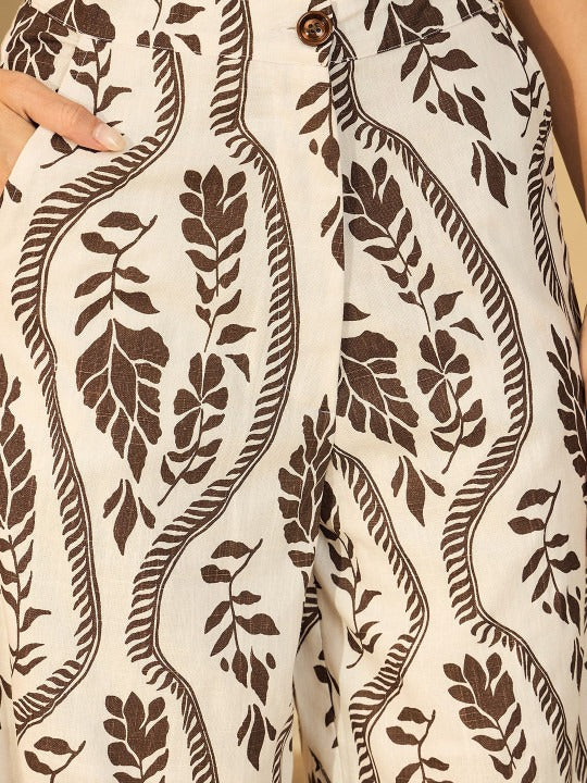 Off-White & Brown Printed Waistcoat Trousers Co-ord Set for Women