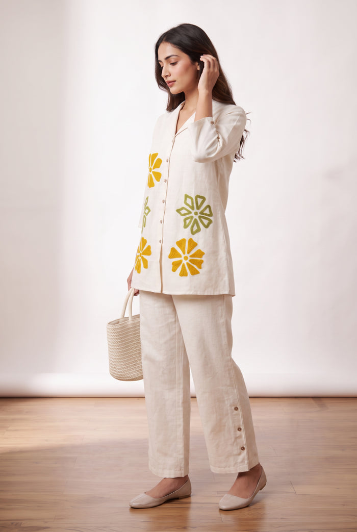 Off White Floral Embroidery Cotton Flex Co-ord Set