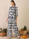 Off-White & Navy-Blue Printed Tunic Palazzos Co-ord Set for Women