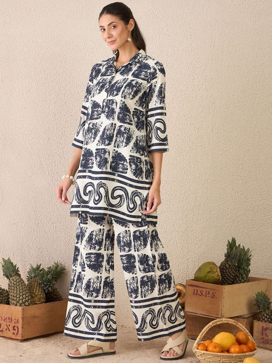 Off-White & Navy-Blue Printed Tunic Palazzos Co-ord Set for Women