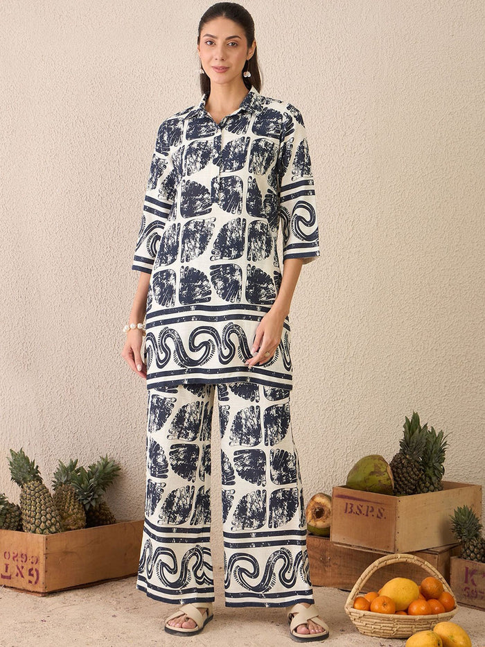 Off-White & Navy-Blue Printed Tunic Palazzos Co-ord Set for Women