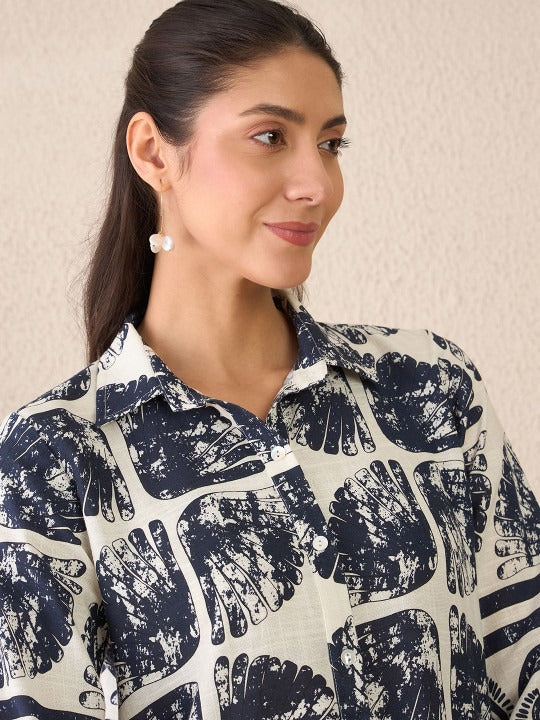 Off-White & Navy-Blue Printed Tunic Palazzos Co-ord Set for Women