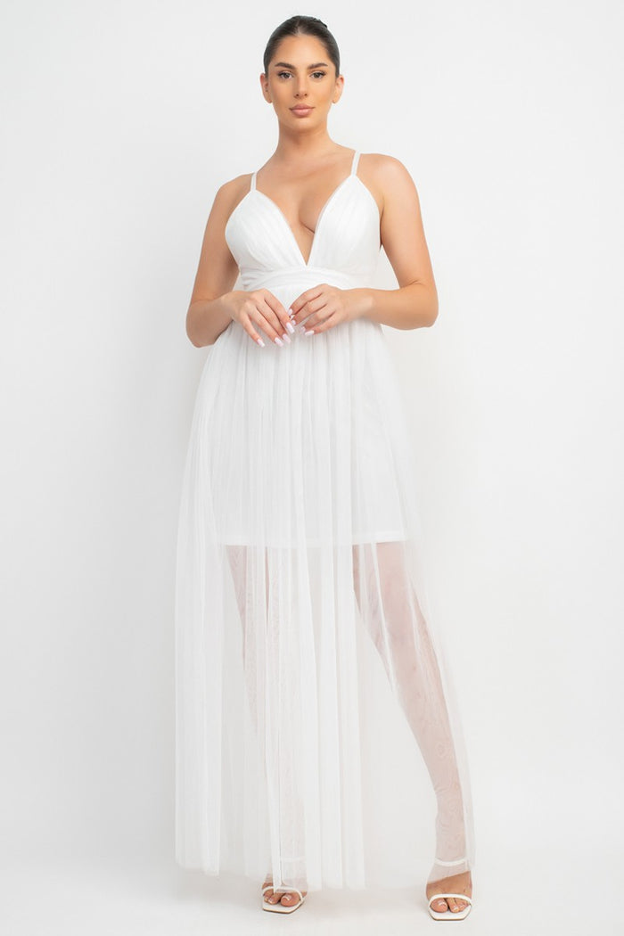 Off White Plunging Neck Crisscross Maxi Tulle Dress