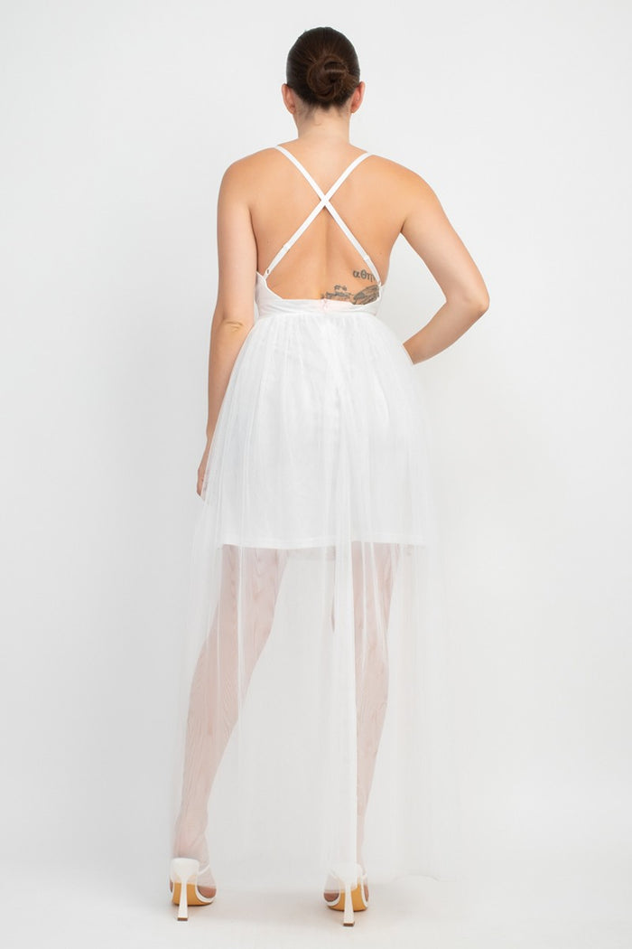 Off White Plunging Neck Crisscross Maxi Tulle Dress