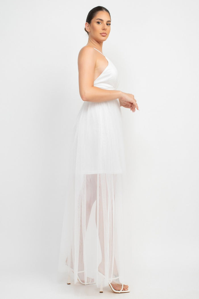Off White Plunging Neck Crisscross Maxi Tulle Dress