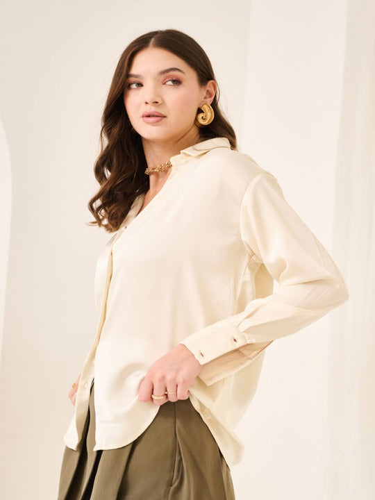 Off White Regular Fit Party Shirt for Women | Cutaway Collar
