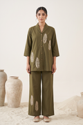 Olive Green Cotton Flex Leaf Embroidered Co-Ord Set
