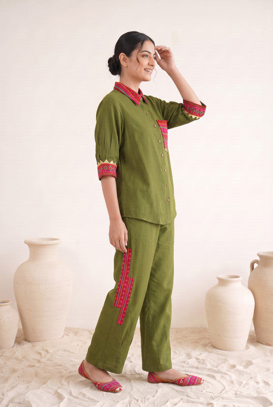Olive Green Embroidered Cotton Co-ord Set