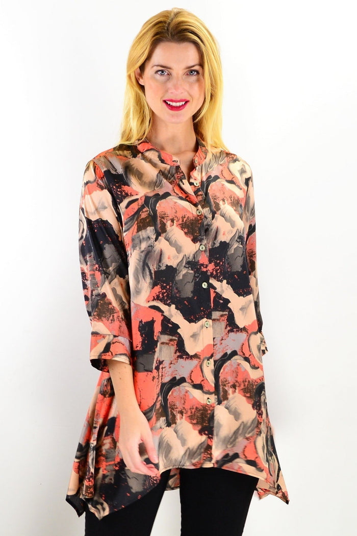 Orange beige satin tunic shirt by Caroline Morgan, featuring a relaxed fit with long sleeves and elegant drape.