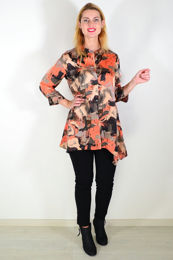 Orange beige satin tunic shirt by Caroline Morgan, featuring a stylish, flowing design with long sleeves and a relaxed fit.