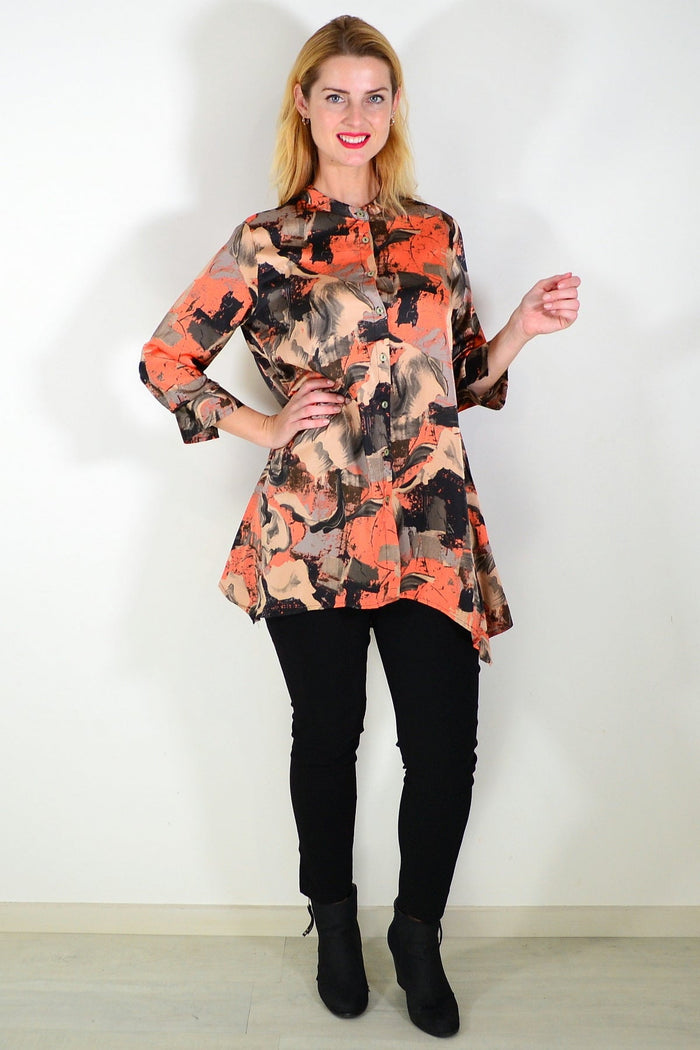Orange and beige satin tunic shirt by Caroline Morgan, featuring a relaxed fit with long sleeves and elegant style.