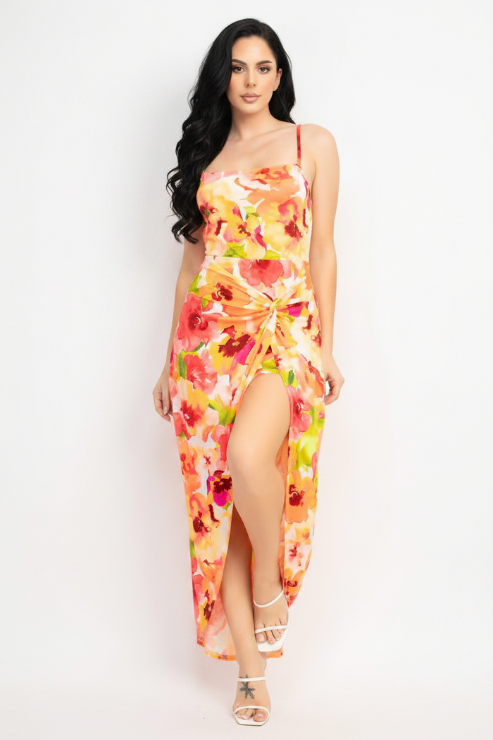 Orange Floral Front Twist High-low Printed Dress