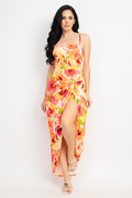 Orange Floral Front Twist High-low Printed Dress