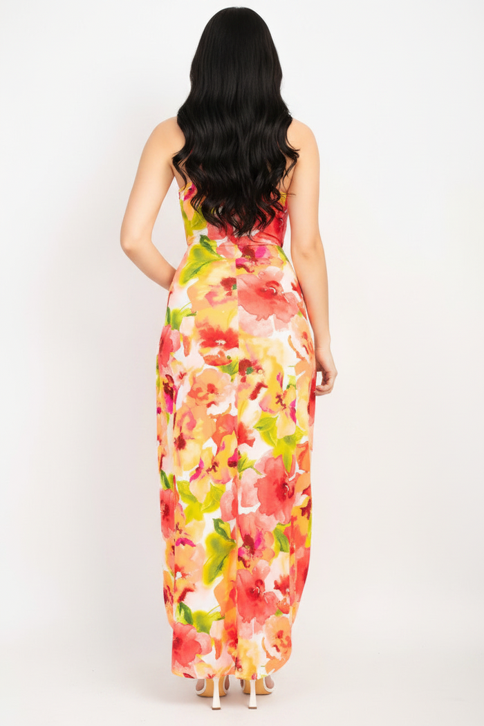Orange Floral Front Twist High-low Printed Dress