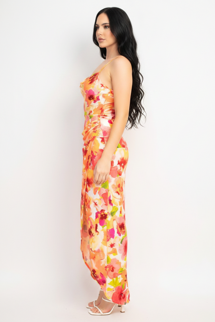 Orange Floral Front Twist High-low Printed Dress