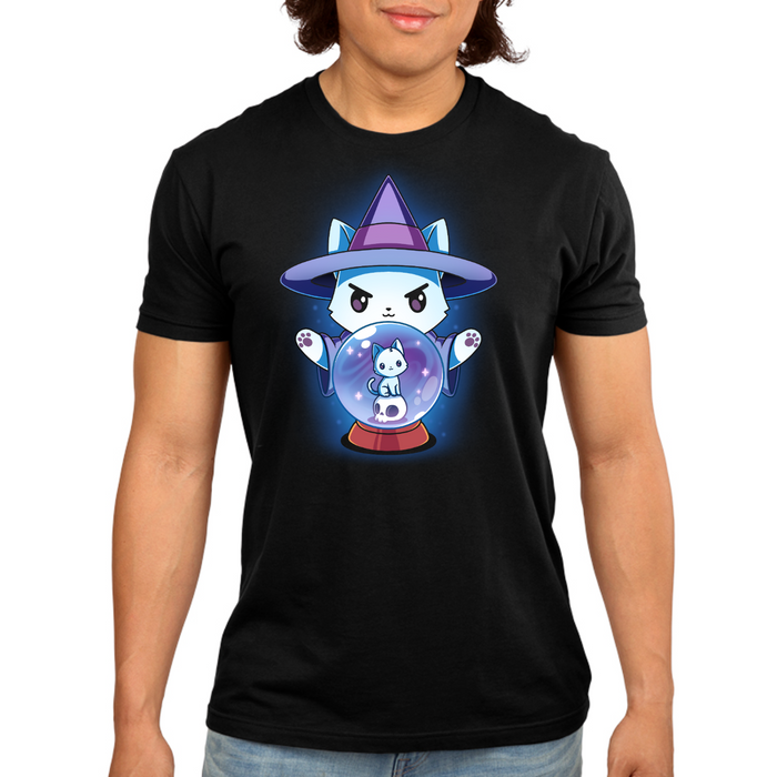 Premium Cotton T-shirt_TeeTurtle black Certified Black Thumb Premium Cotton T-shirt featuring a white cat dressed in a witch outfit, casting a spell with a crystal ball that shows another smaller cat