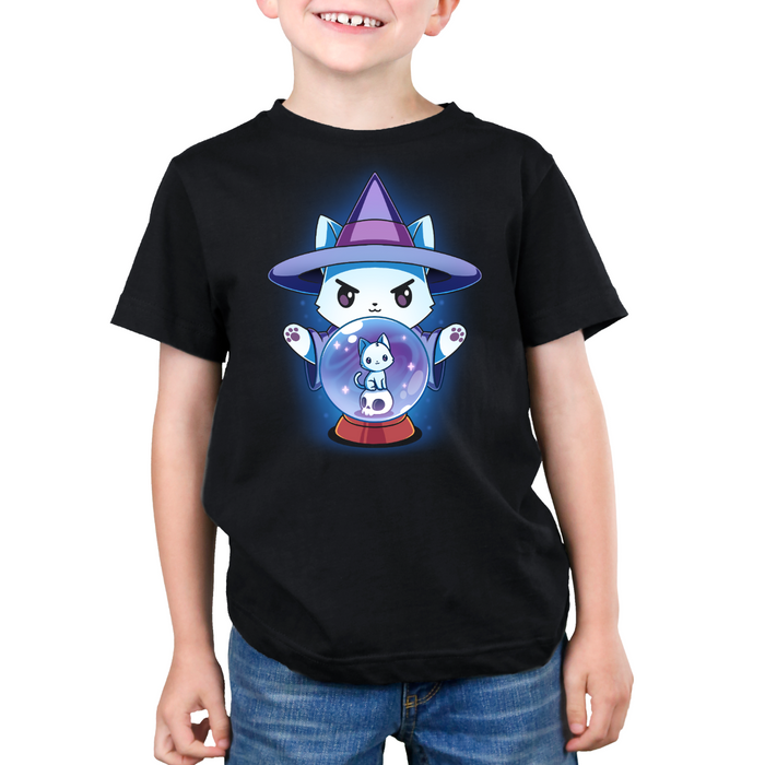 Premium Cotton T-shirt_TeeTurtle black Certified Black Thumb Premium Cotton T-shirt featuring a white cat dressed in a witch outfit, casting a spell with a crystal ball that shows another smaller cat