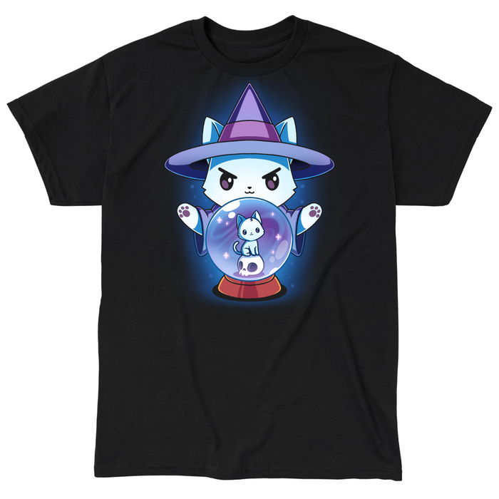 Classic Cotton T-shirt_TeeTurtle black  featuring a white cat dressed in a witch outfit, casting a spell with a crystal ball that shows another smaller cat