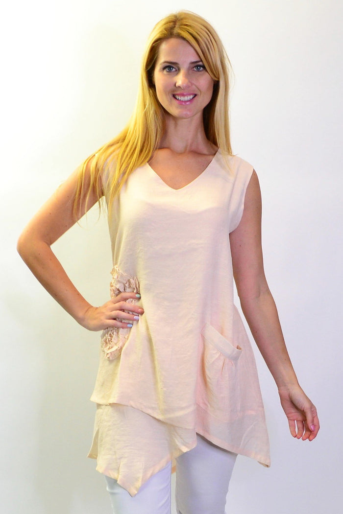 Pink sleeveless Peach Applique Tunic Top by La Mode, lightweight summer tunic with peach appliqué details.