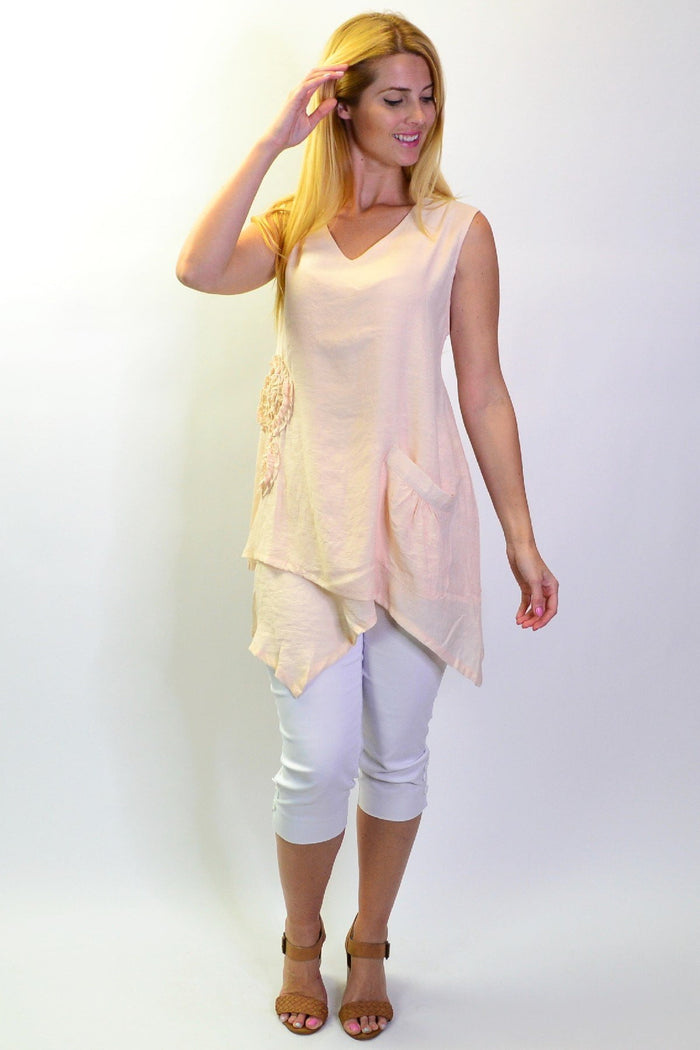 Pink sleeveless Peach Applique Tunic Top by La Mode, featuring a relaxed fit and decorative peach applique details.