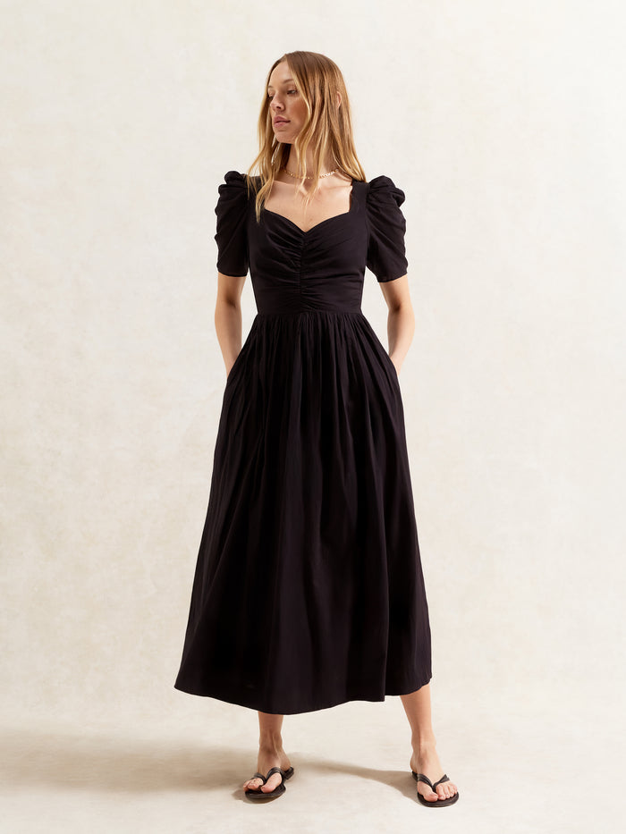 Petite Black Cotton Voile Sweetheart Neck Midi Dress