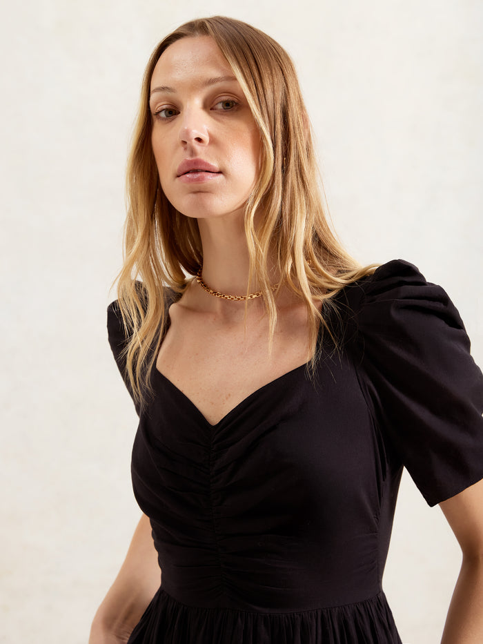 Petite Black Cotton Voile Sweetheart Neck Midi Dress