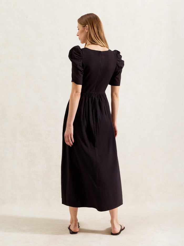 Petite Black Cotton Voile Sweetheart Neck Midi Dress