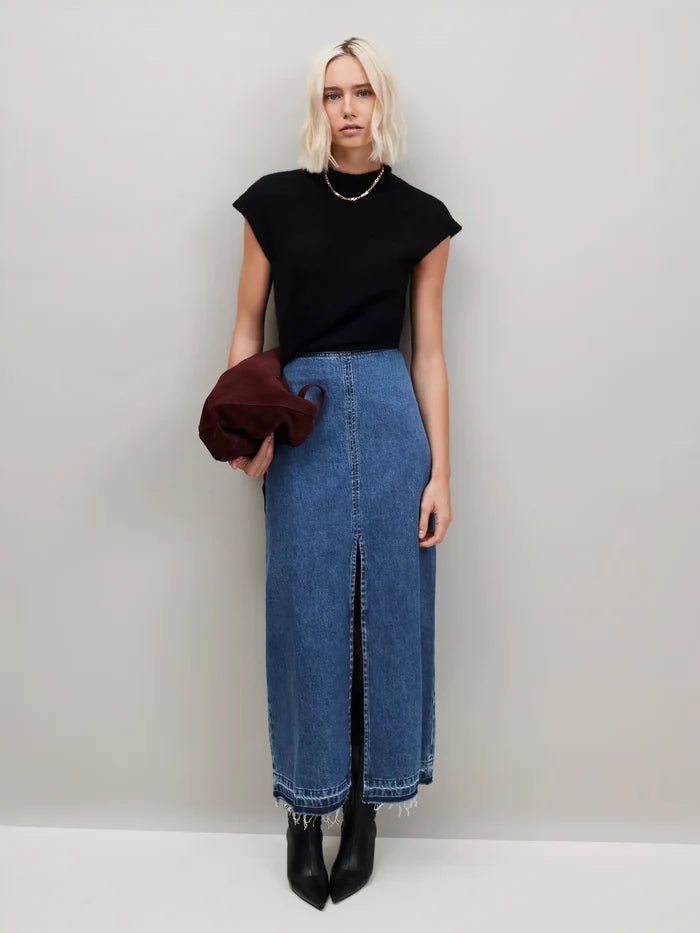 Petite Blue Denim Split Front Maxi Skirt