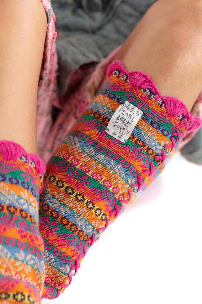 Magnolia Pearl artisan socks with vibrant whimsical vintage knit, pink trim, unique label