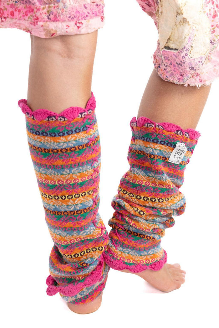 Magnolia Pearl artisan colorful knit leg warmers with whimsical vintage style and pink trim