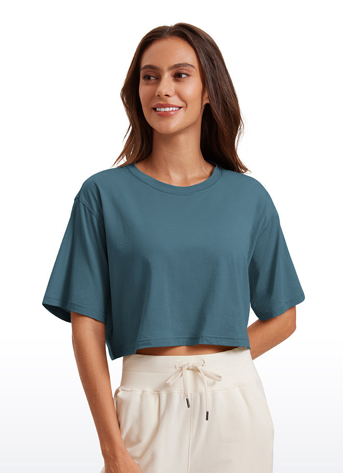 CRZ YOGA Women's Casual Loose Fit Pima Cotton Short Sleeves Cropped Slate Blue