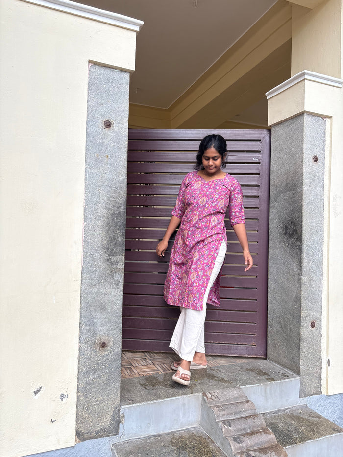 Pink floral knee length kurti