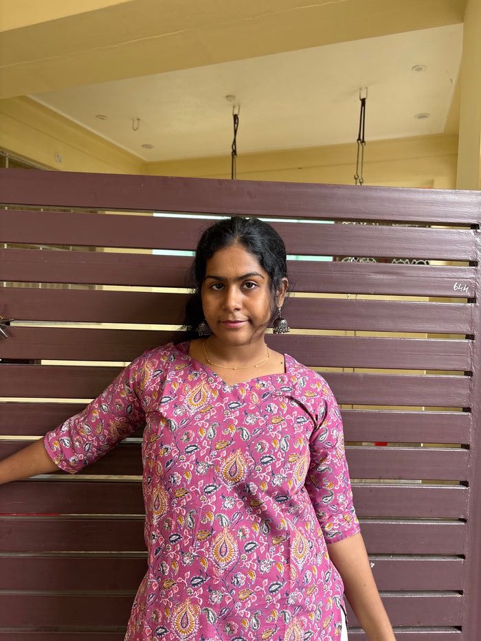 Pink floral knee length kurti