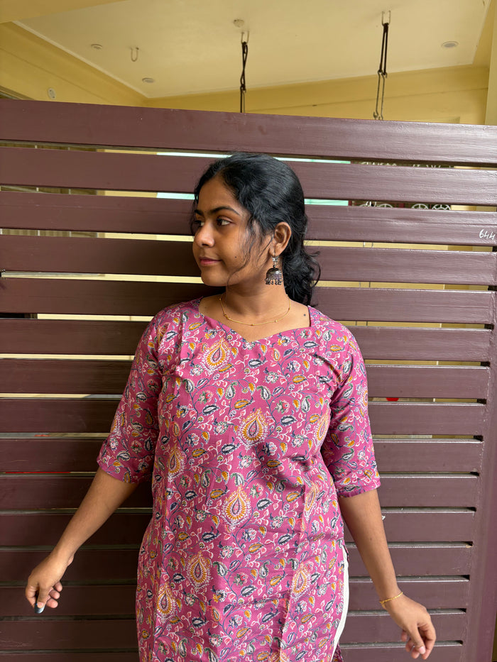 Pink floral knee length kurti