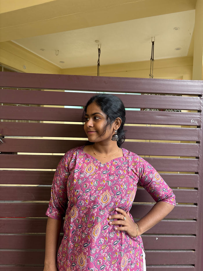 Pink floral knee length kurti